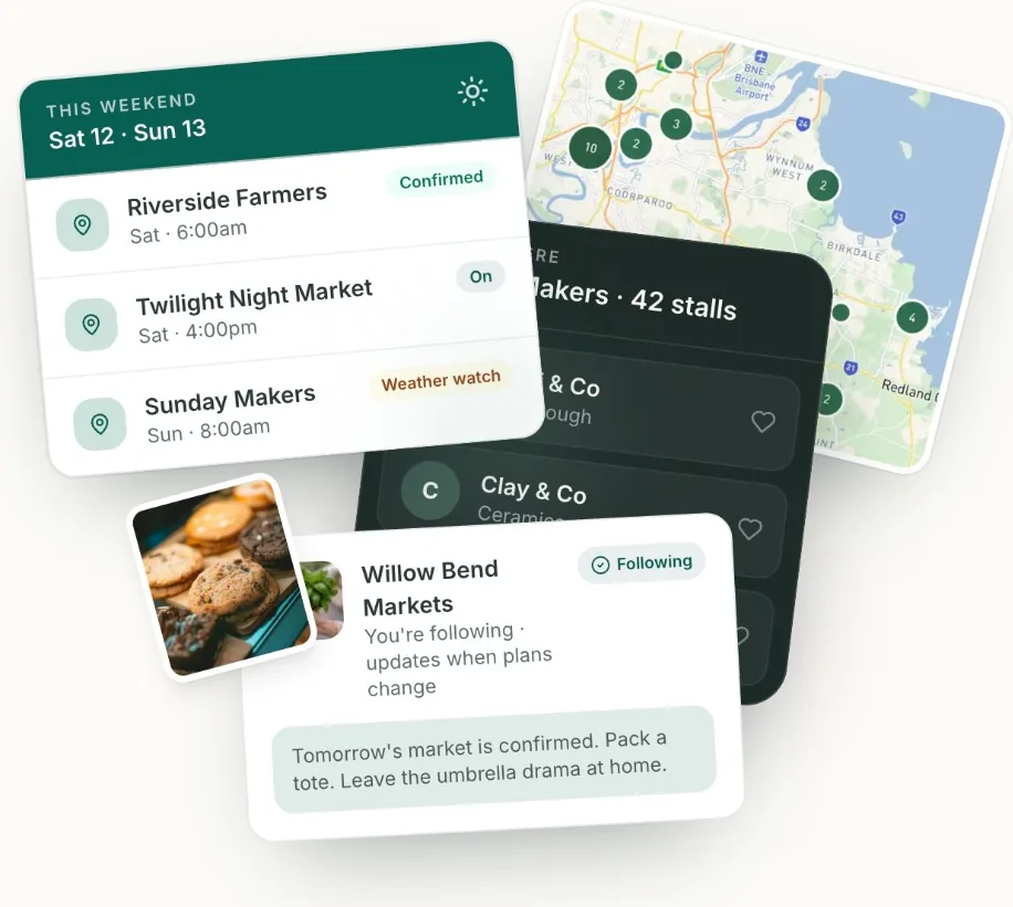Weekend markets, a map, stall lineups, and a follow update stacked together