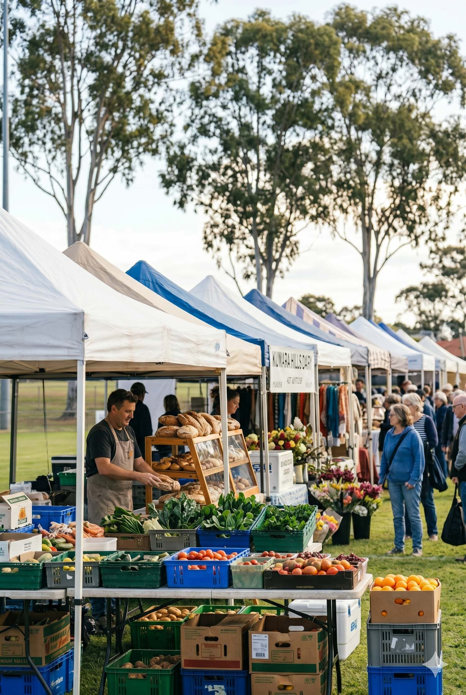Outdoor farmers market: stalls with fresh produce, bread, and marquees