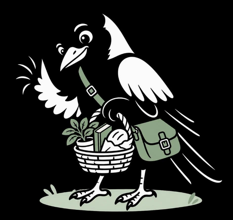 Illustrated magpie carrying a basket with a plant and a book
