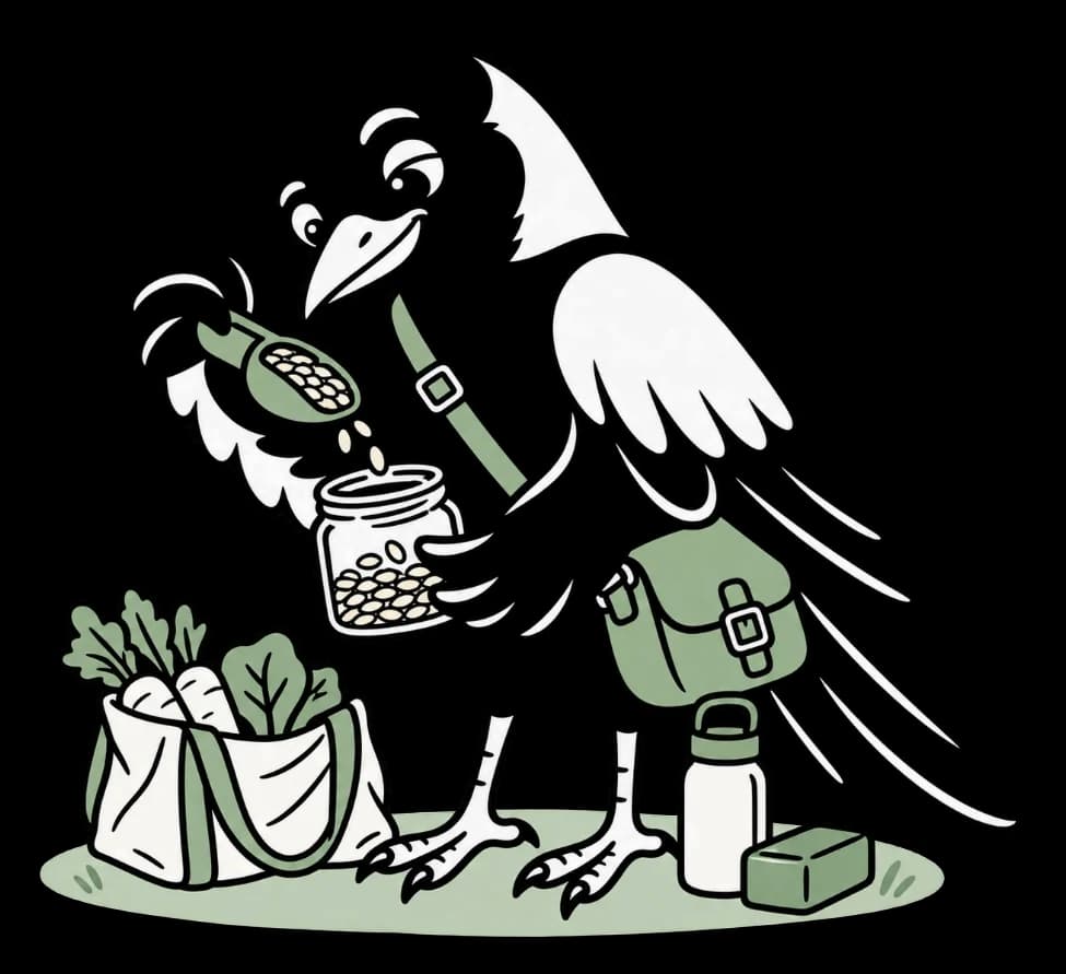 Illustrated magpie pouring seeds into a jar