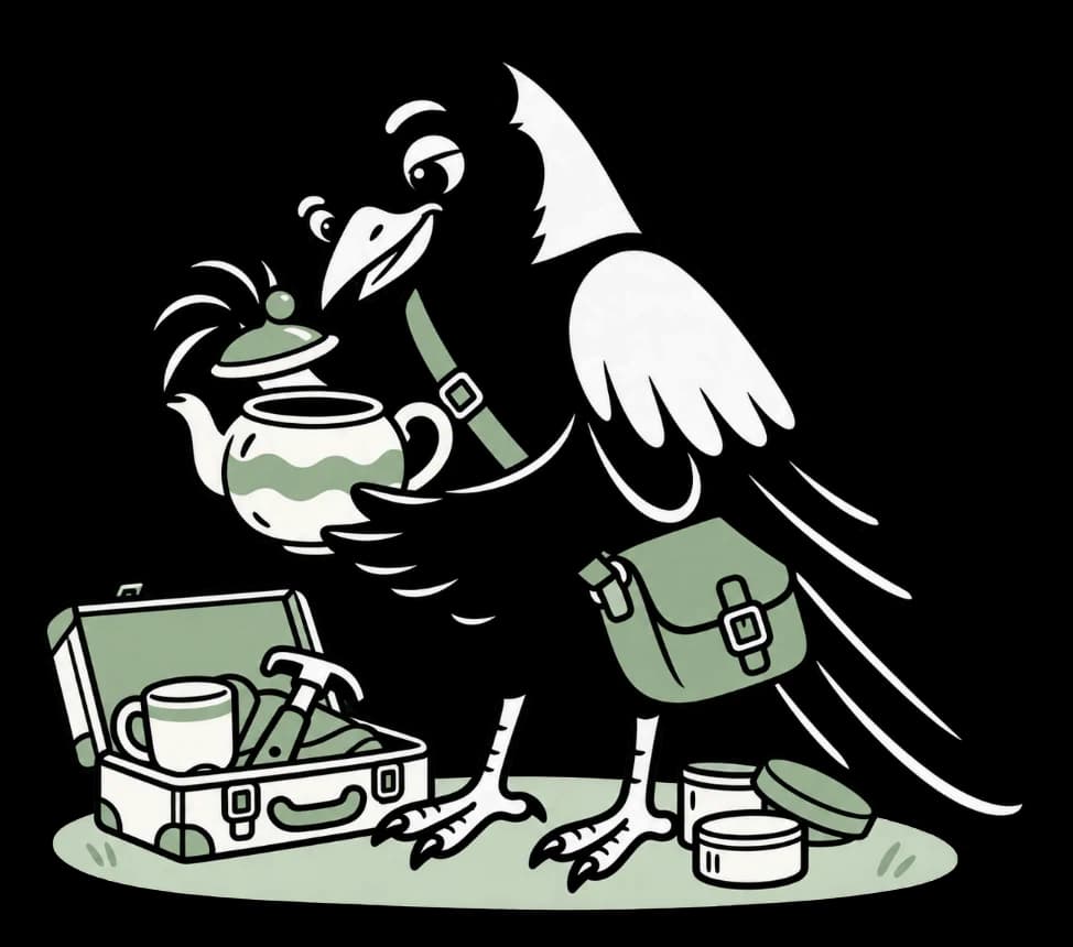 Illustrated magpie with a teapot and an open suitcase