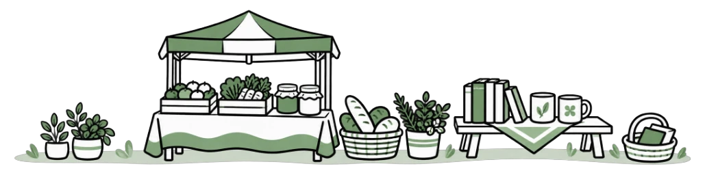 Community stall with produce, bread, books and plants
