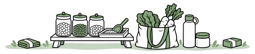 Refill stall with jars of dry goods, vegetables and a bottle