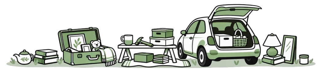 Car boot sale with an open suitcase, books and a packed boot